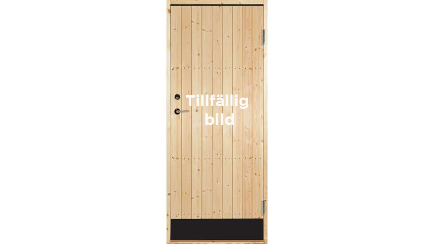 Folke stalldörr i trä med metallbeslag och handtag, vertikala brädor