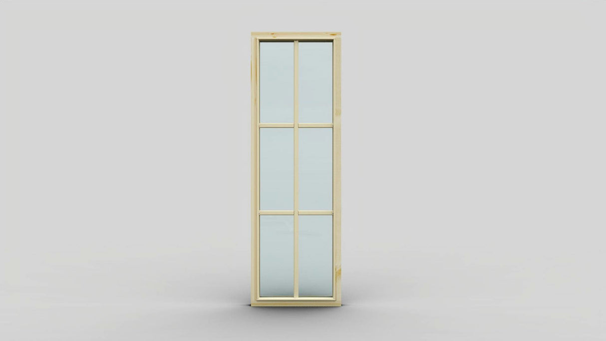 Fixed window with light wood frame and 6 glass panes in three horizontal rows