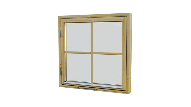 Wooden window with 4-pane 8x8 design, divided into two-by-two glass sections