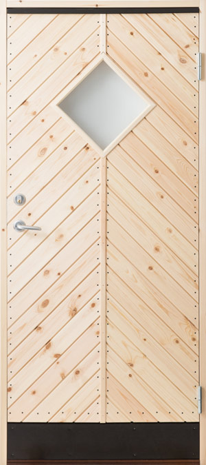 Sorseledörren ytterdörr med fiskbensmönster och glas